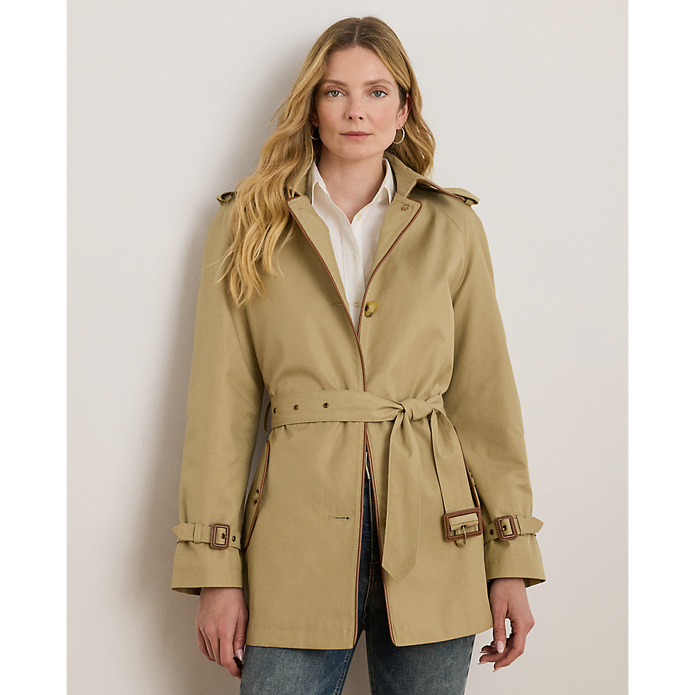 LRL Faux-Leather-Trim Trench Coat/Baloner 297979525001