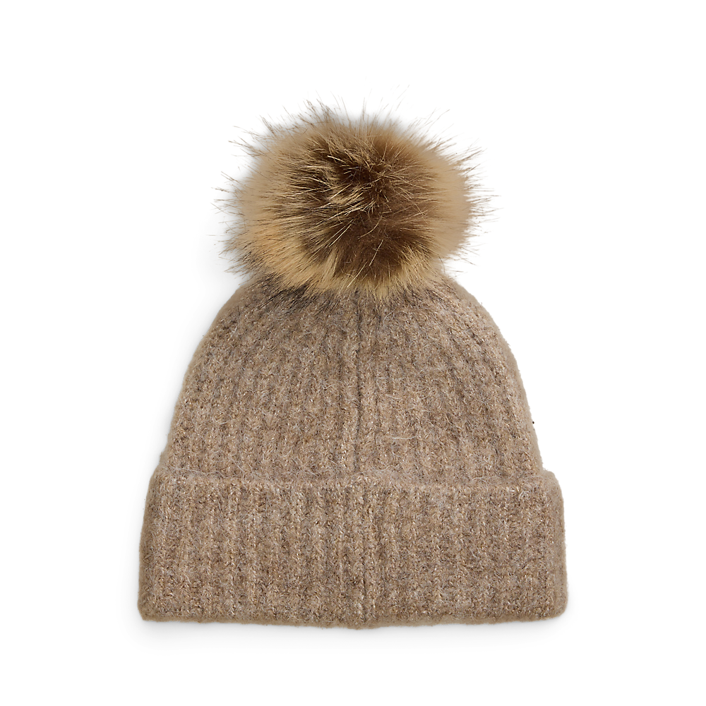 LRL Leather-Trim Pom-Pom Rib-Knit Beanie/Kapa 454960080003