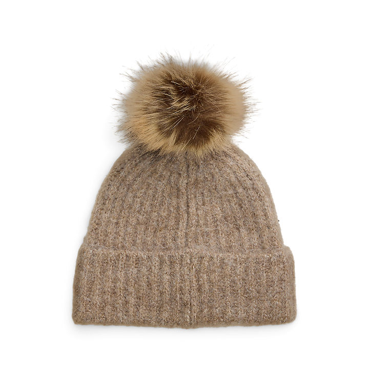 LRL Leather-Trim Pom-Pom Rib-Knit Beanie/Kapa 454960080003