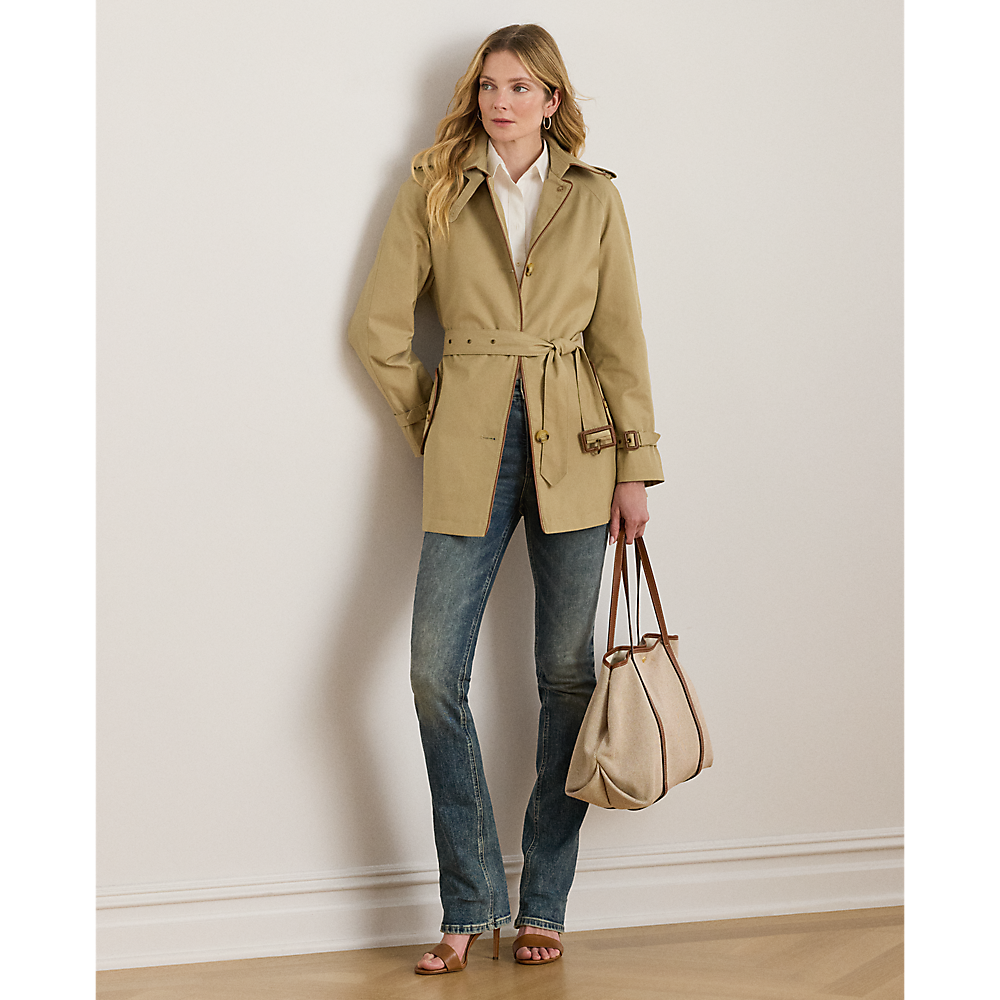 LRL Faux-Leather-Trim Trench Coat/Baloner 297979525001