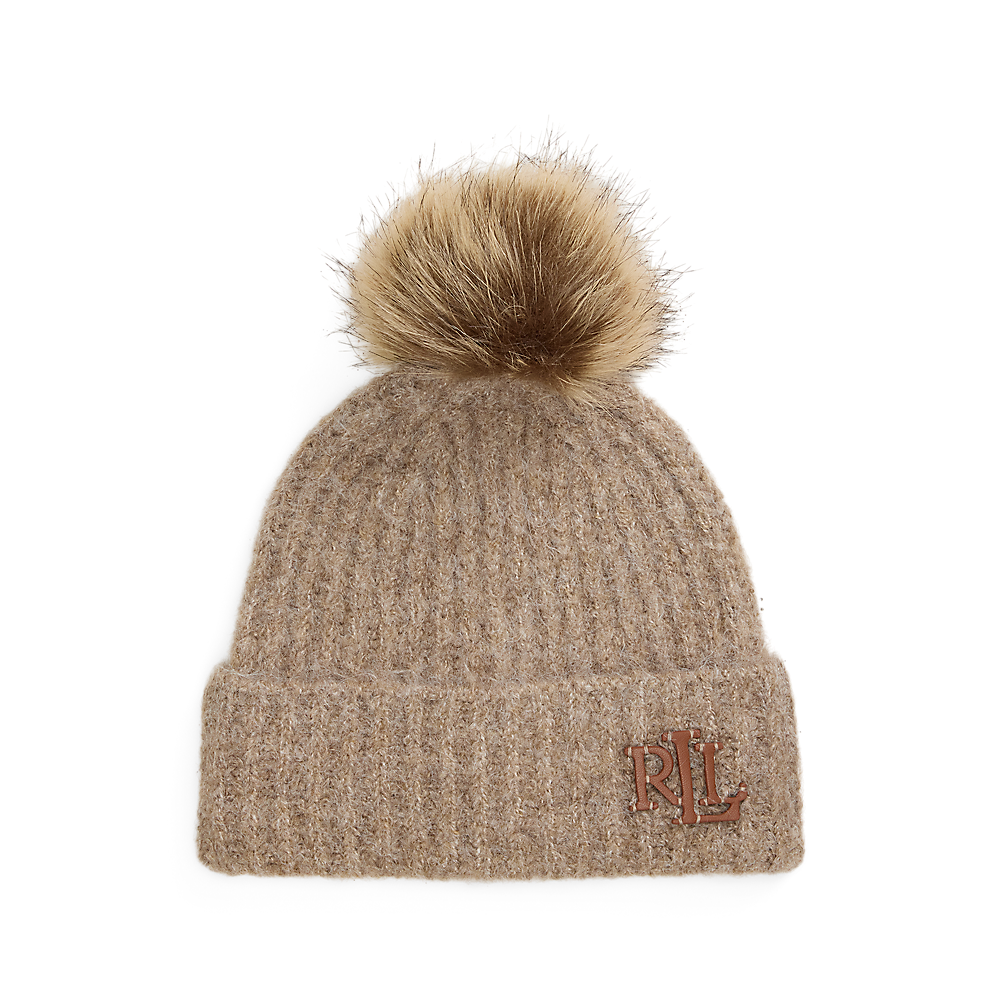 LRL Leather-Trim Pom-Pom Rib-Knit Beanie/Kapa 454960080003