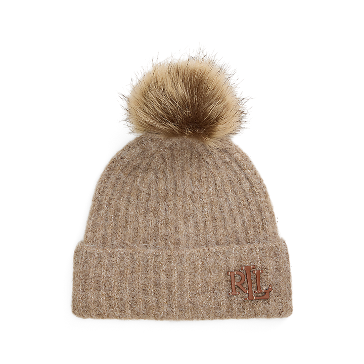LRL Leather-Trim Pom-Pom Rib-Knit Beanie/Kapa 454960080003