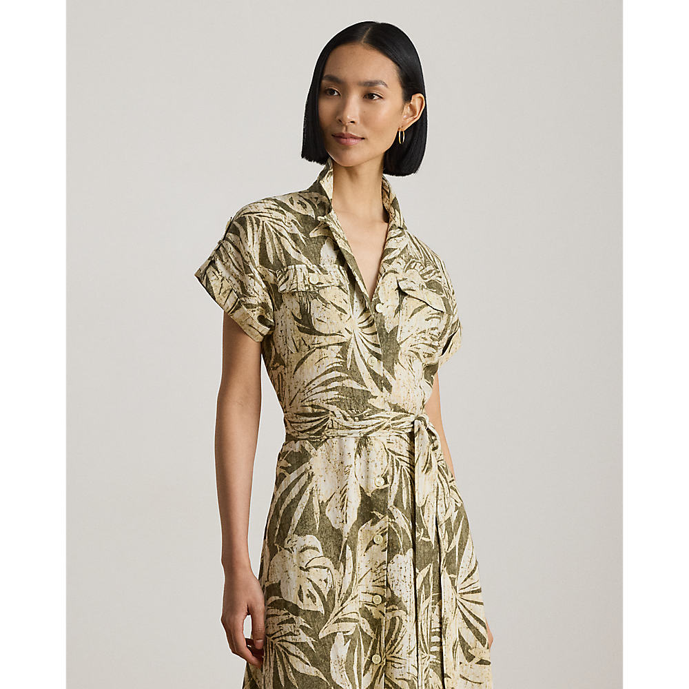 LRL Palm-Frond-Print Linen Camp Shirtdress/Haljina 200B24676001