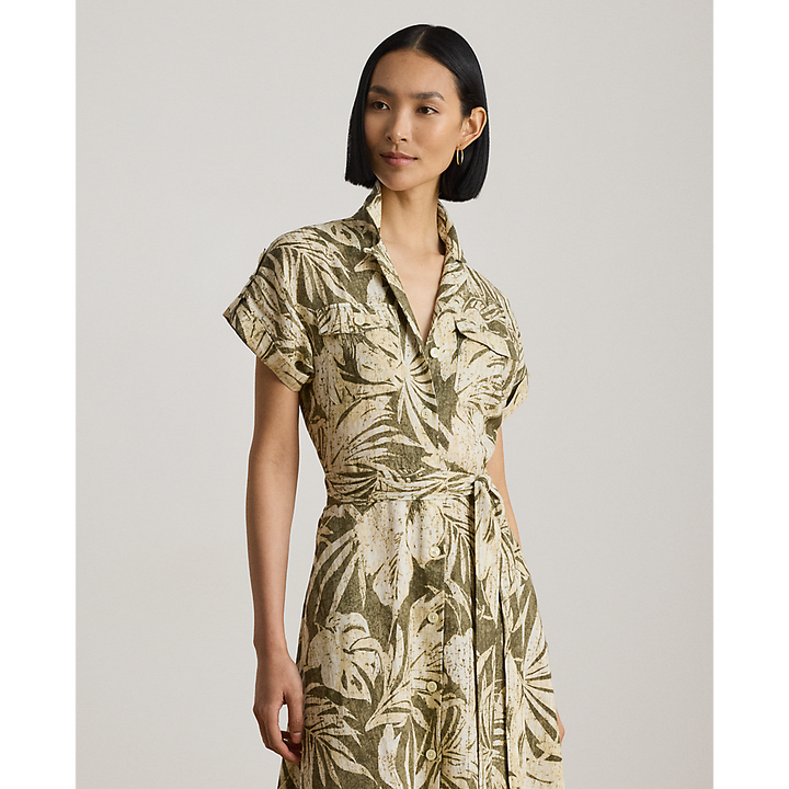 LRL Palm-Frond-Print Linen Camp Shirtdress/Haljina 200B24676001