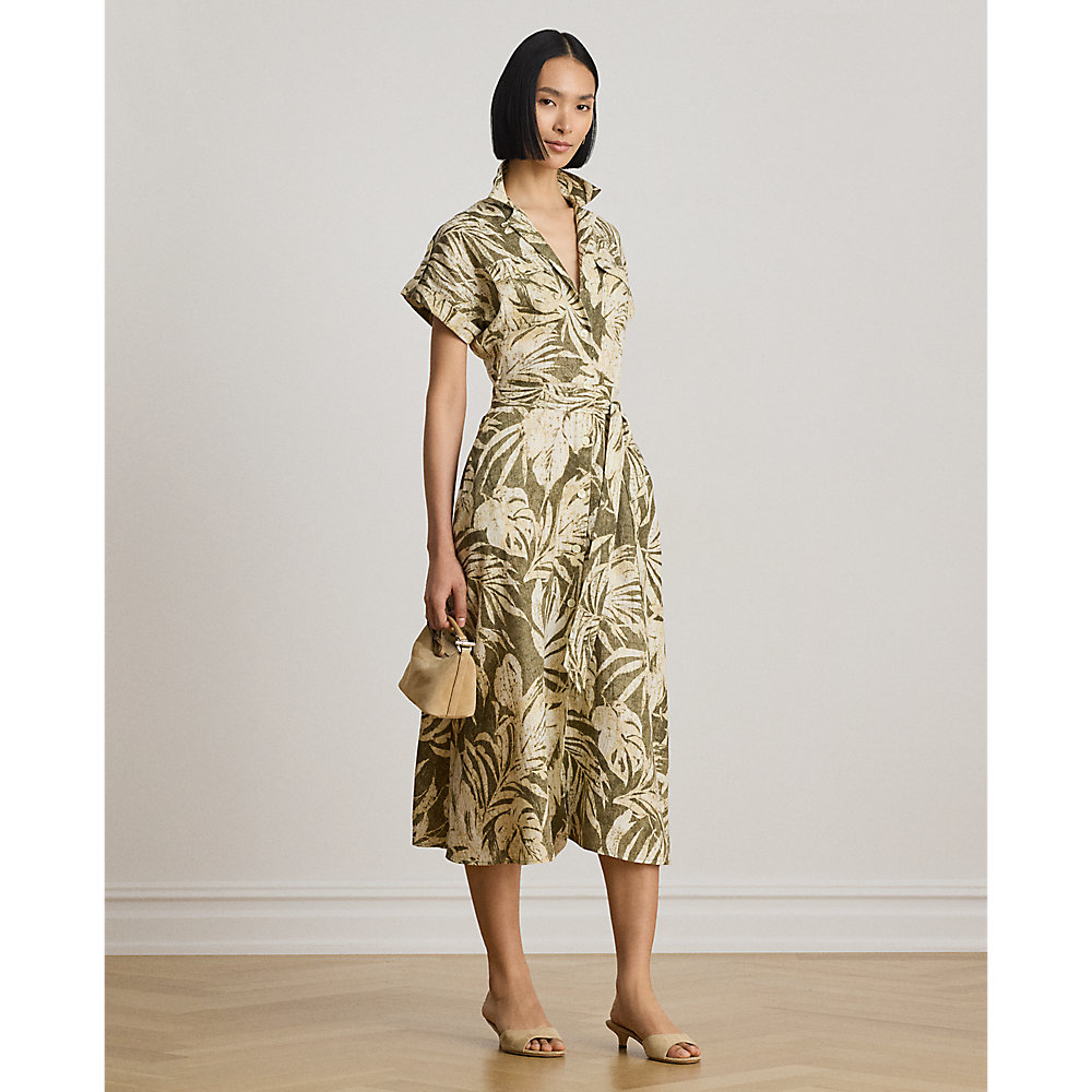 LRL Palm-Frond-Print Linen Camp Shirtdress/Haljina 200B24676001