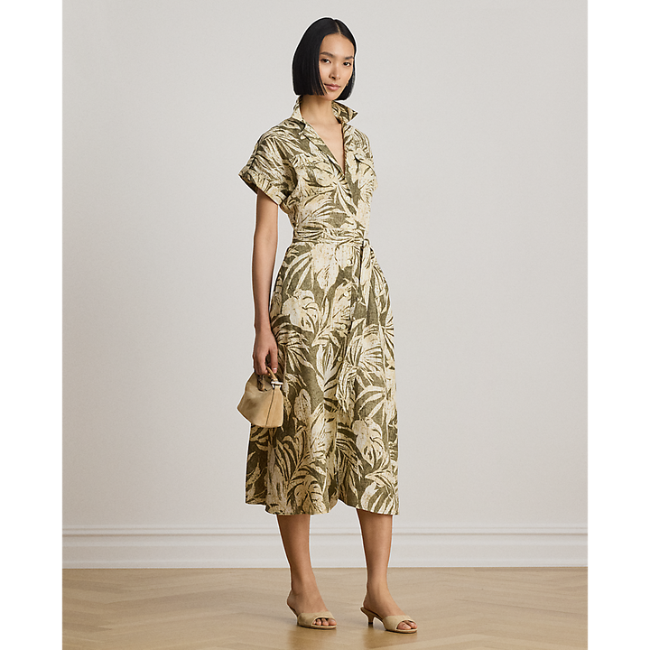 LRL Palm-Frond-Print Linen Camp Shirtdress/Haljina 200B24676001
