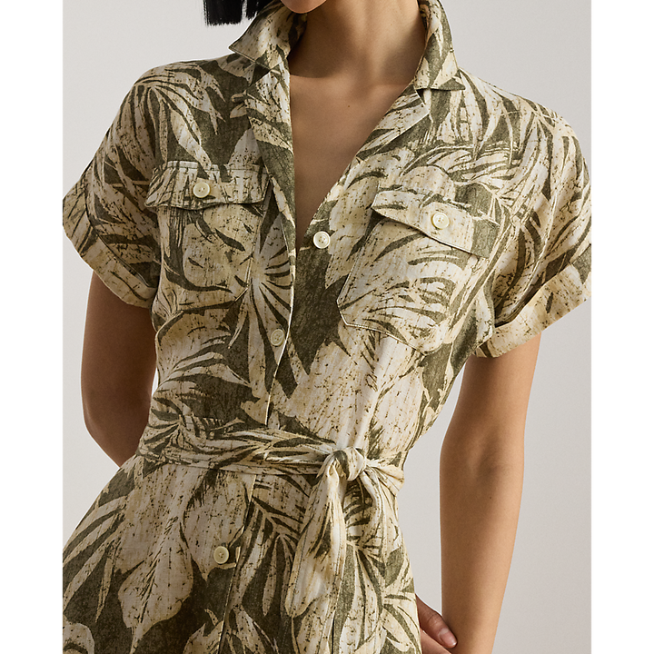 LRL Palm-Frond-Print Linen Camp Shirtdress/Haljina 200B24676001