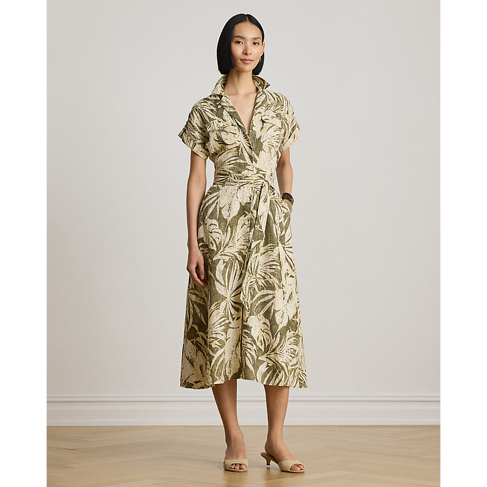 LRL Palm-Frond-Print Linen Camp Shirtdress/Haljina 200B24676001
