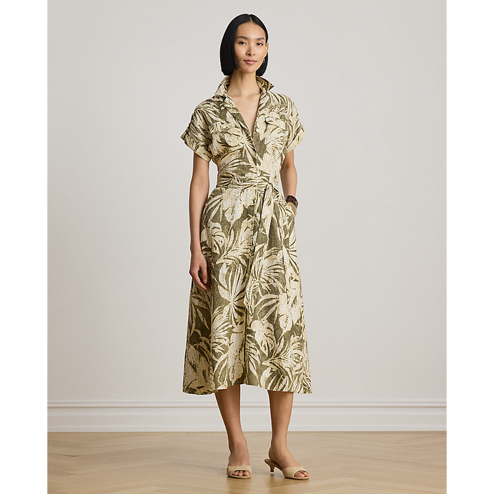 LRL Palm-Frond-Print Linen Camp Shirtdress/Haljina 200B24676001