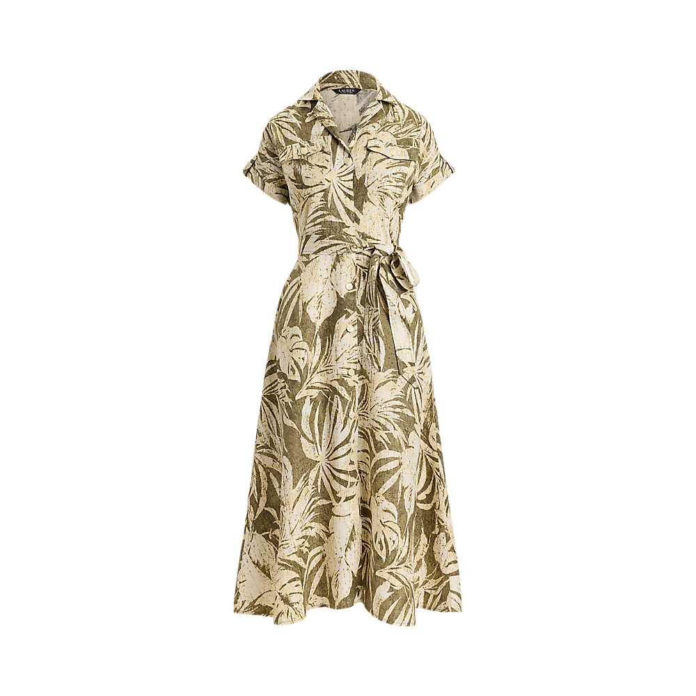 LRL Palm-Frond-Print Linen Camp Shirtdress/Haljina 200B24676001