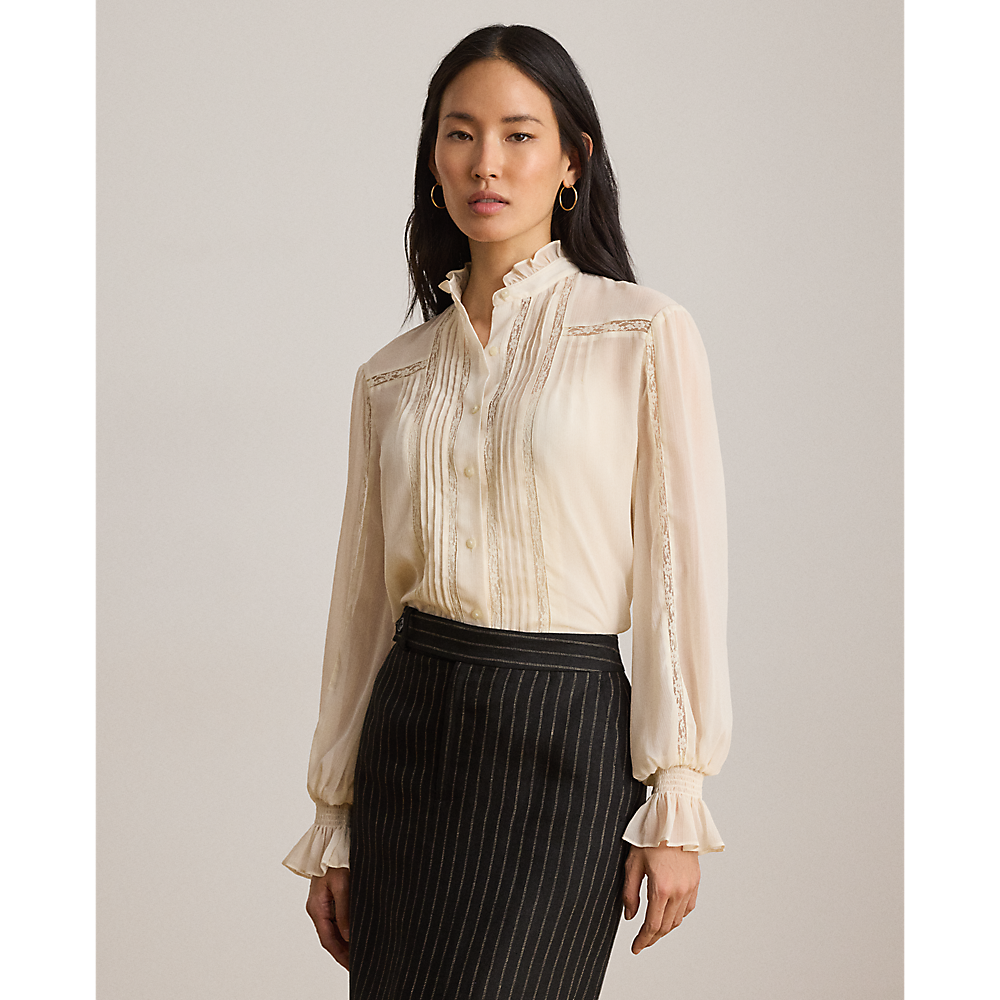 LRL Lace-Trim Crinkle Georgette Blouse/Bluza 200P13729002