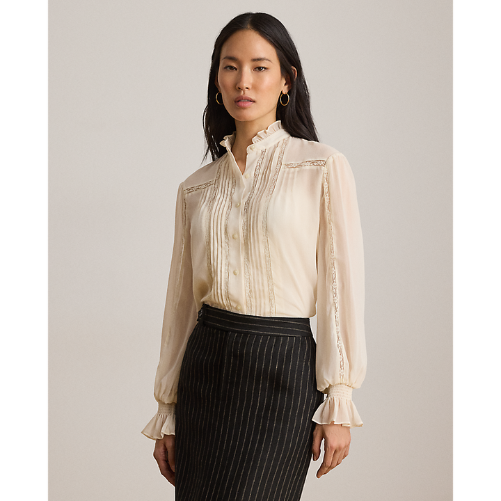 LRL Lace-Trim Crinkle Georgette Blouse/Bluza 200P13729002