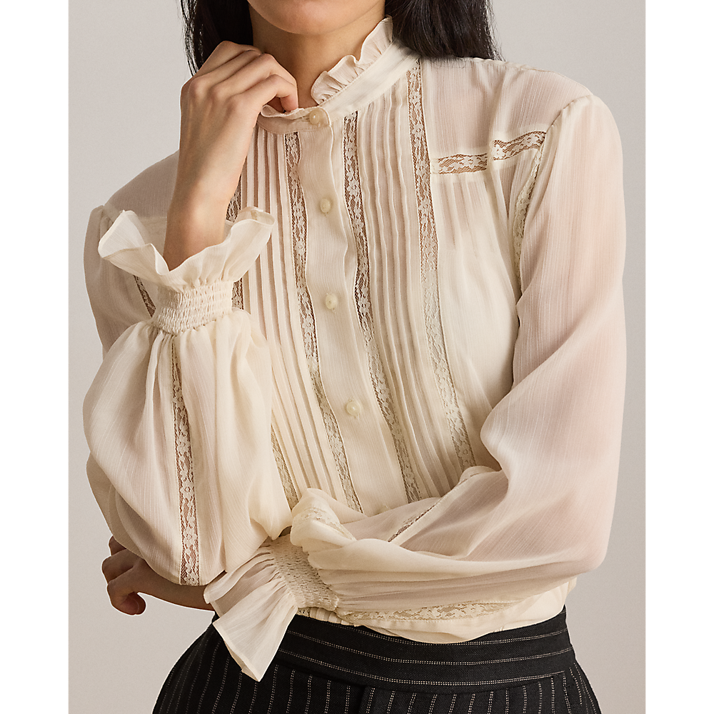 LRL Lace-Trim Crinkle Georgette Blouse/Bluza 200P13729002