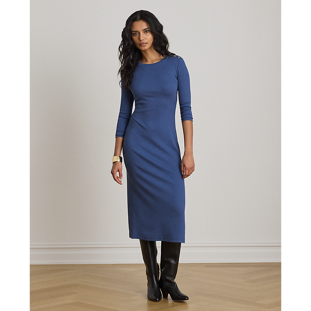 LRL Button-Trim Rib-Knit Midi Dress/Haljina 200P13966001