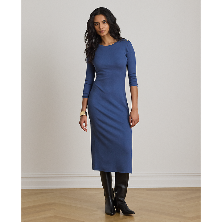 LRL Button-Trim Rib-Knit Midi Dress/Haljina 200P13966001