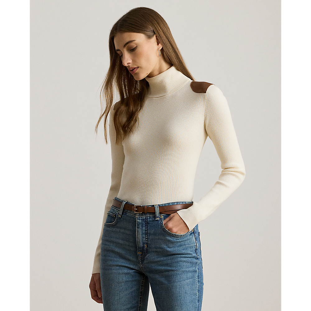 LRL Faux-Leather-Trim Rib-knit Roll Neck/Pulover 200951386001