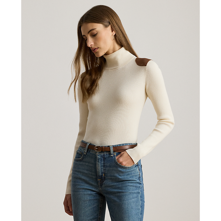 LRL Faux-Leather-Trim Rib-knit Roll Neck/Pulover 200951386001