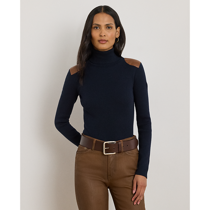 LRL Faux-Leather-Trim Rib-knit Roll Neck/Pulover 200951386008