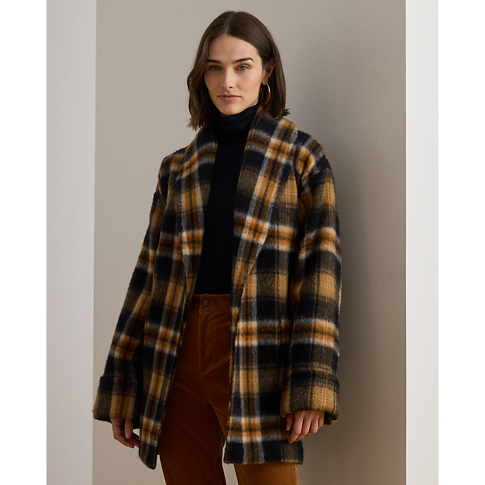 LRL Plaid Wool-Blend Shawl-Collar Wrap Coat/Kaput 200P07845001