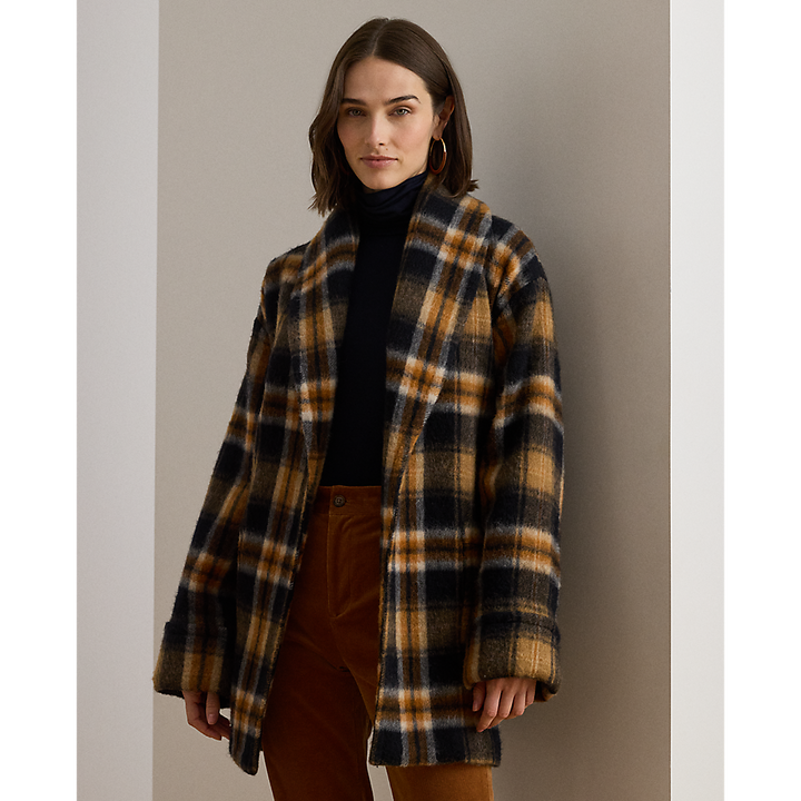 LRL Plaid Wool-Blend Shawl-Collar Wrap Coat/Kaput 200P07845001
