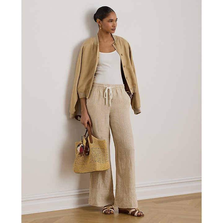 LRL Striped Linen Wide-Leg Trousers/Hlače 200P14001001