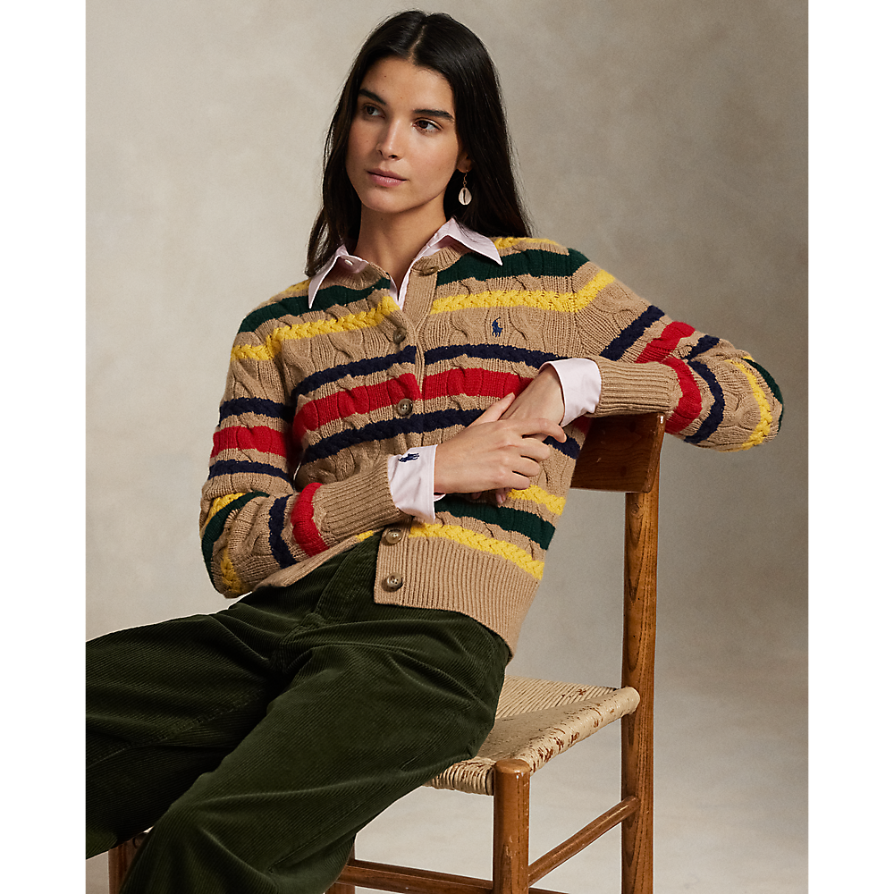 PRL Striped Cable Wool-Cashmere Cardigan /Pulover 211972837001