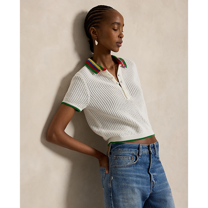PRL Striped-Collar Pointelle Polo Shirt/Polo majica 211A12725001