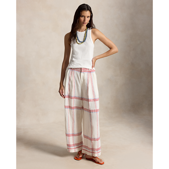 PRL Plaid Linen Wide-Leg Cropped Pant/Hlače 211A12970001