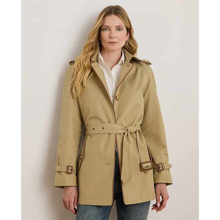 LRL Faux-Leather-Trim Trench Coat/Baloner 297979525001