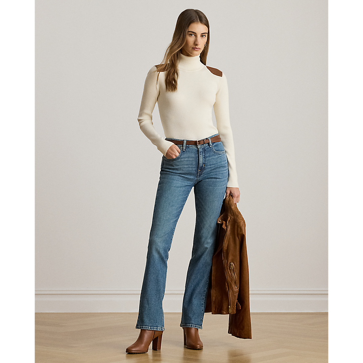 LRL Faux-Leather-Trim Rib-knit Roll Neck/Pulover 200951386001