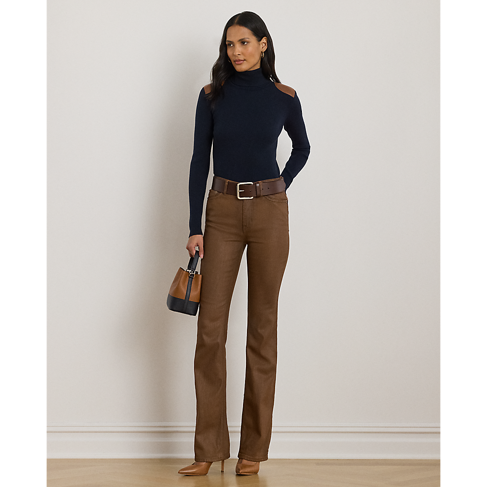 LRL Faux-Leather-Trim Rib-knit Roll Neck/Pulover 200951386008