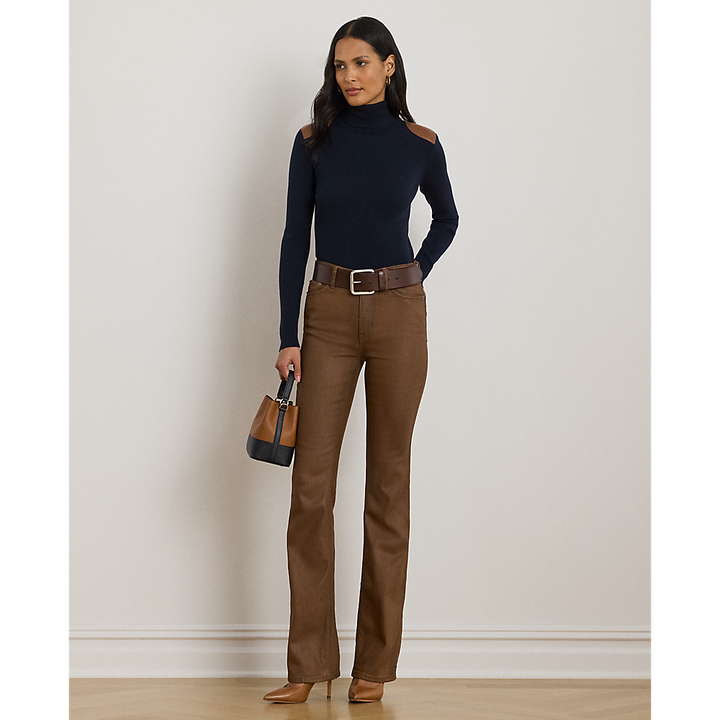 LRL Faux-Leather-Trim Rib-knit Roll Neck/Pulover 200951386008