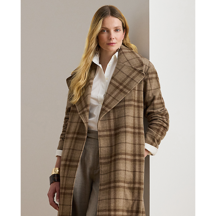 LRL Plaid Wool-Blend Twill Wrap Coat/Kaput 200979580001