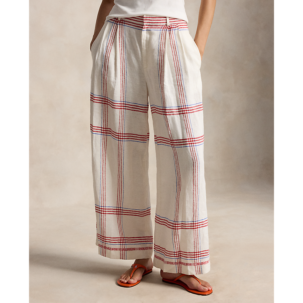 PRL Plaid Linen Wide-Leg Cropped Pant/Hlače 211A12970001