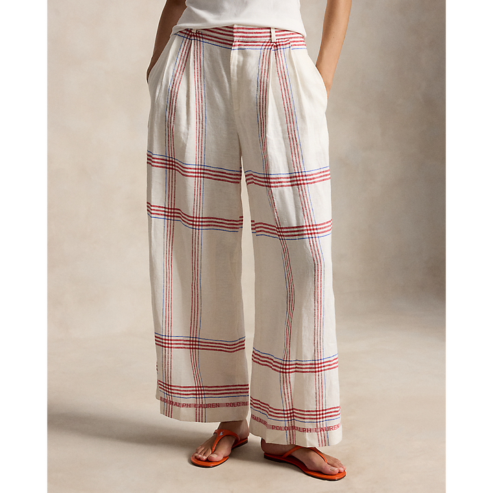 PRL Plaid Linen Wide-Leg Cropped Pant/Hlače 211A12970001