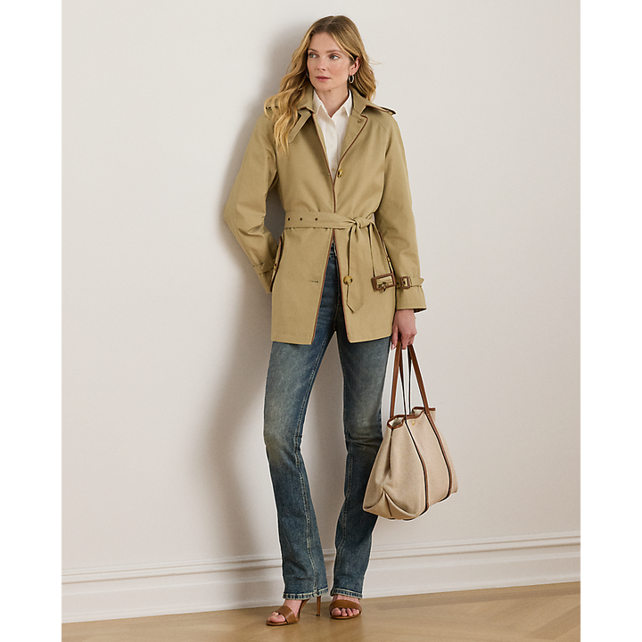 LRL Faux-Leather-Trim Trench Coat/Baloner 297979525001
