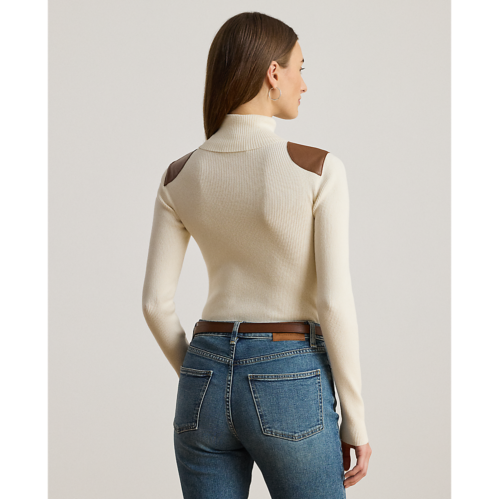 LRL Faux-Leather-Trim Rib-knit Roll Neck/Pulover 200951386001