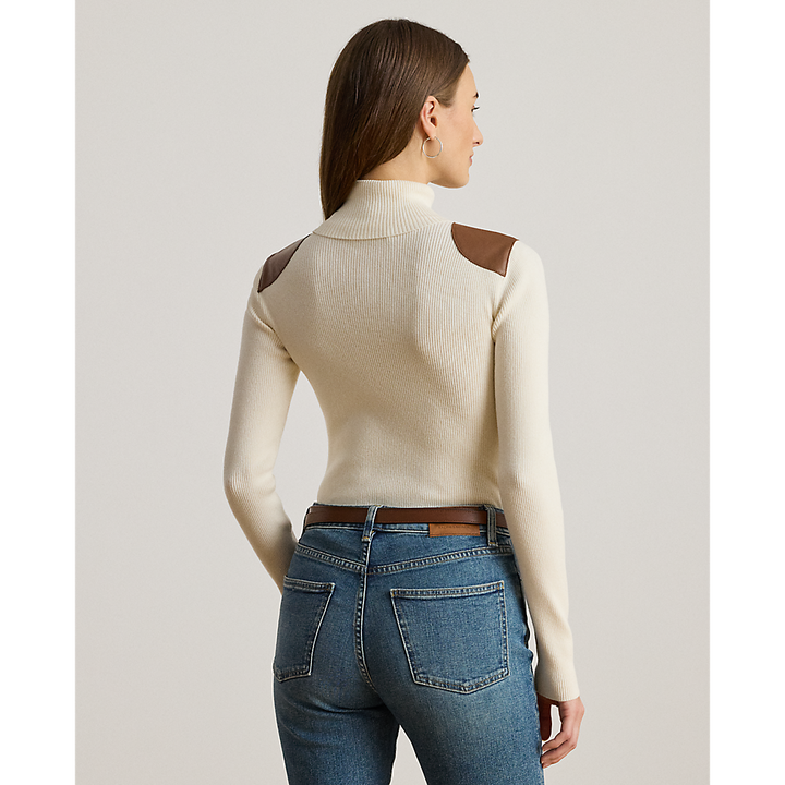 LRL Faux-Leather-Trim Rib-knit Roll Neck/Pulover 200951386001