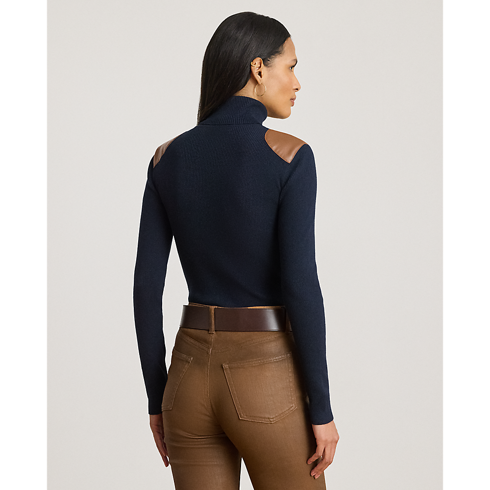 LRL Faux-Leather-Trim Rib-knit Roll Neck/Pulover 200951386008