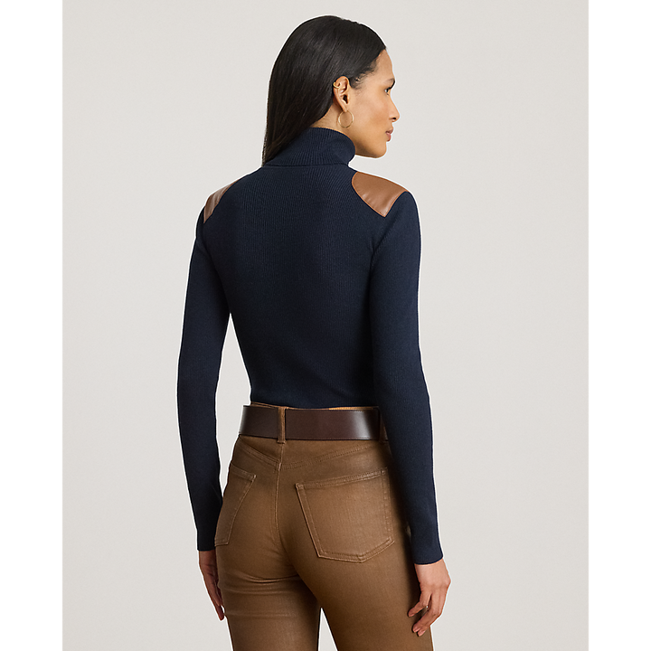 LRL Faux-Leather-Trim Rib-knit Roll Neck/Pulover 200951386008