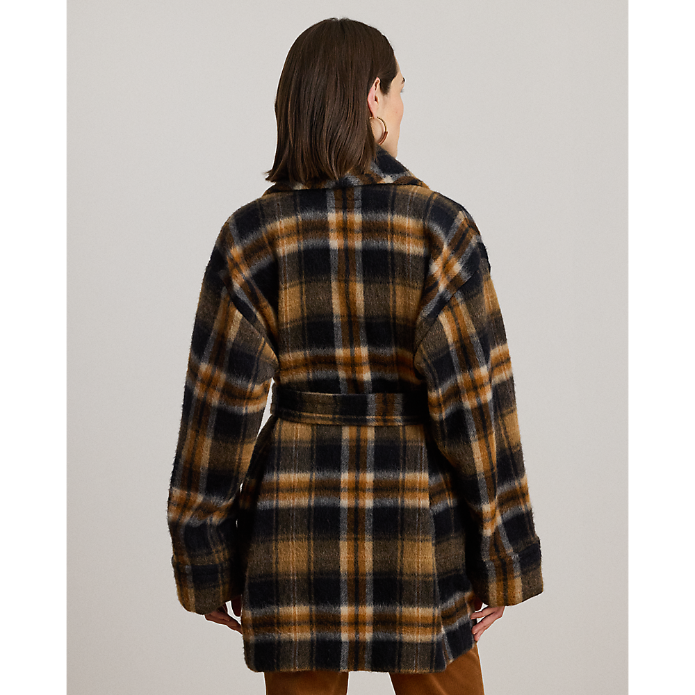LRL Plaid Wool-Blend Shawl-Collar Wrap Coat/Kaput 200P07845001