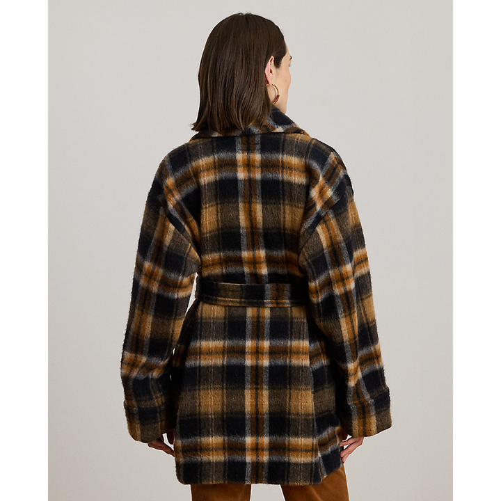 LRL Plaid Wool-Blend Shawl-Collar Wrap Coat/Kaput 200P07845001