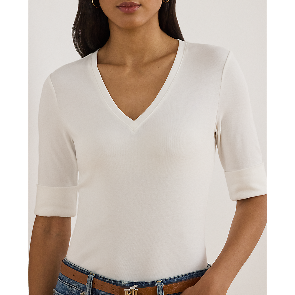 LRL Stretch Cotton Elbow-Sleeve V-Neck Tee/Majica 200815843001