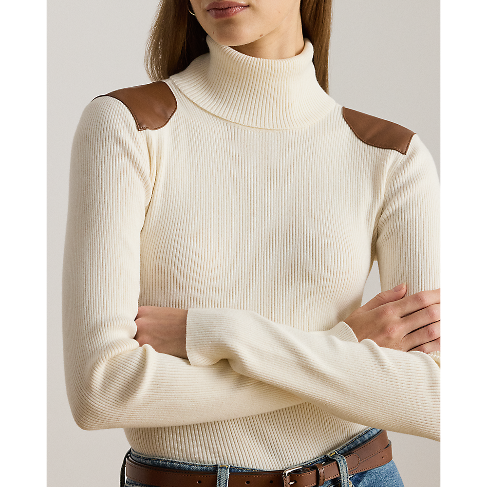 LRL Faux-Leather-Trim Rib-knit Roll Neck/Pulover 200951386001