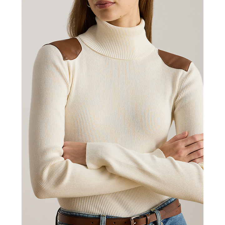 LRL Faux-Leather-Trim Rib-knit Roll Neck/Pulover 200951386001
