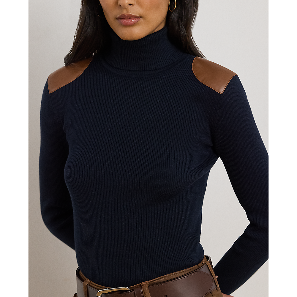 LRL Faux-Leather-Trim Rib-knit Roll Neck/Pulover 200951386008