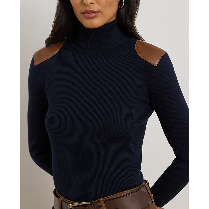 LRL Faux-Leather-Trim Rib-knit Roll Neck/Pulover 200951386008