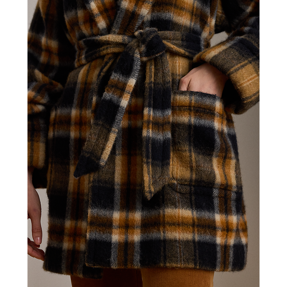 LRL Plaid Wool-Blend Shawl-Collar Wrap Coat/Kaput 200P07845001