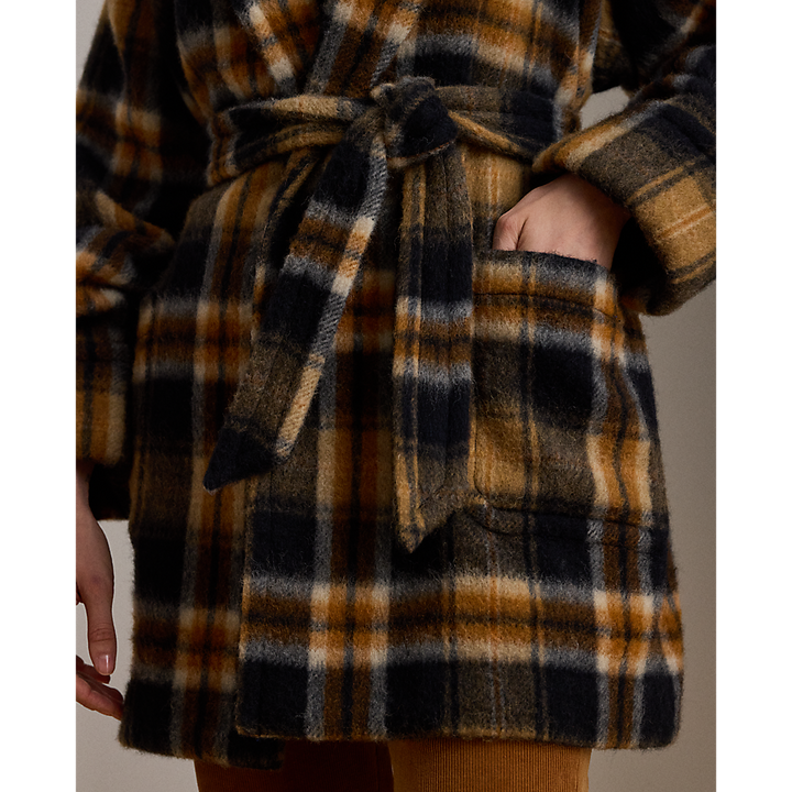 LRL Plaid Wool-Blend Shawl-Collar Wrap Coat/Kaput 200P07845001