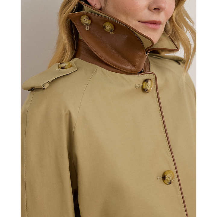 LRL Faux-Leather-Trim Trench Coat/Baloner 297979525001